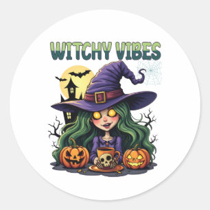 Pegatina Redonda Vibes de brujería con calabazas y poción