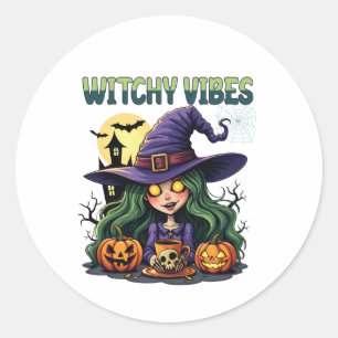 Pegatina Redonda Vibes de brujería con calabazas y poción
