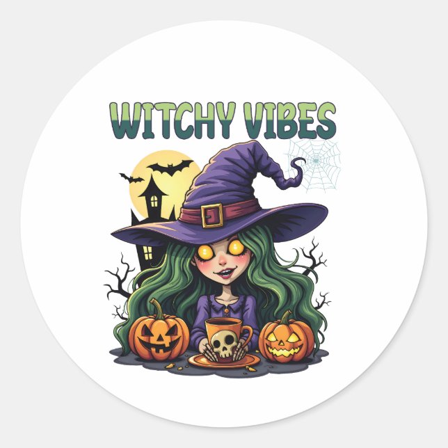 Pegatina Redonda Vibes de brujería con calabazas y poción (Anverso)