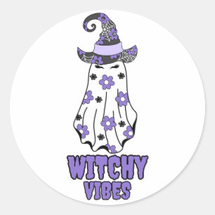 Pegatina Redonda "Vibes de brujería" Halloween Fantasma Morado
