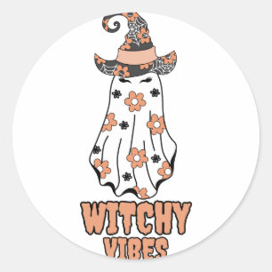 Pegatina Redonda "Vibes de brujería" Naranja fantasma de Halloween