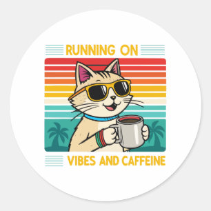 Pegatina Redonda Vibes de gato para café retro - Funny Caffeine Lov