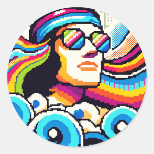 Pegatina Redonda Vibes retro - Arte Groovy Pixel de los años 70 par