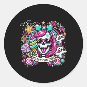 Pegatina Redonda Vibes Skeleton Spooky Vacaciones Halloween Verano