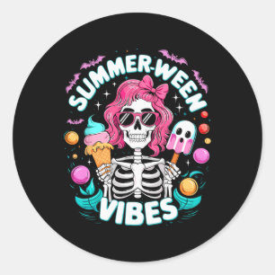 Pegatina Redonda Vibes Skeleton Spooky Vacaciones Halloween verano