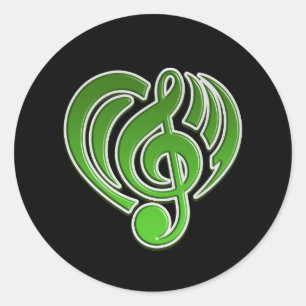 Pegatina Redonda Vibraciones Amor Musical Corazón Verde Nota Musica