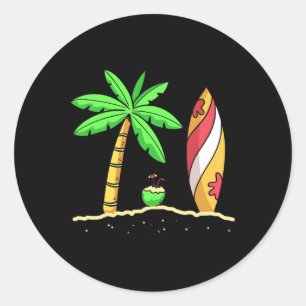 Pegatina Redonda Vibraciones de Verano Palmeras Surfboard Surfista