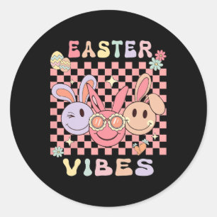 Pegatina Redonda Vibraciones Felices de Pascua Conejitos Niños Niña