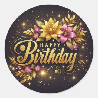 Pegatina Redonda Vibrant black floral birthday sticker 