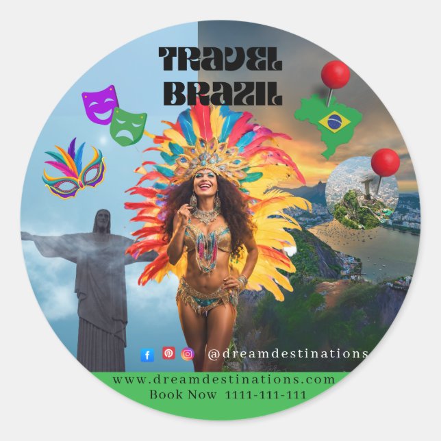 Pegatina Redonda Vibrant Brazilian Carnival Design Travel Agency (Anverso)