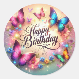 Pegatina Redonda Vibrant butterfly birthday sticker 