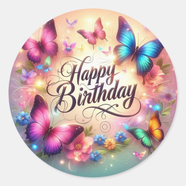 Pegatina Redonda Vibrant butterfly birthday sticker  (Anverso)