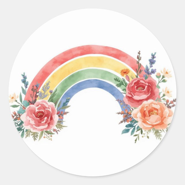 Pegatina Redonda Vibrant Floral Rainbow Watercolor Birthday Sticker (Anverso)