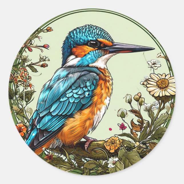 Pegatina Redonda Vibrant Kingfisher Bird (Anverso)
