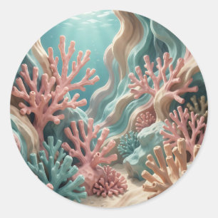 Pegatina Redonda Vibrante arrecife de coral rosa y turquesa bajo el