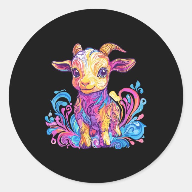 Pegatina Redonda Vibrante arte de Ilustracion de cabra arco iris (Anverso)
