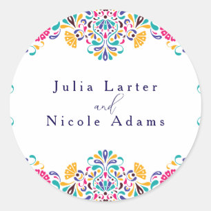 Pegatina Redonda Vibrante Boda arcoiris al estilo de la Fiesta Mexi