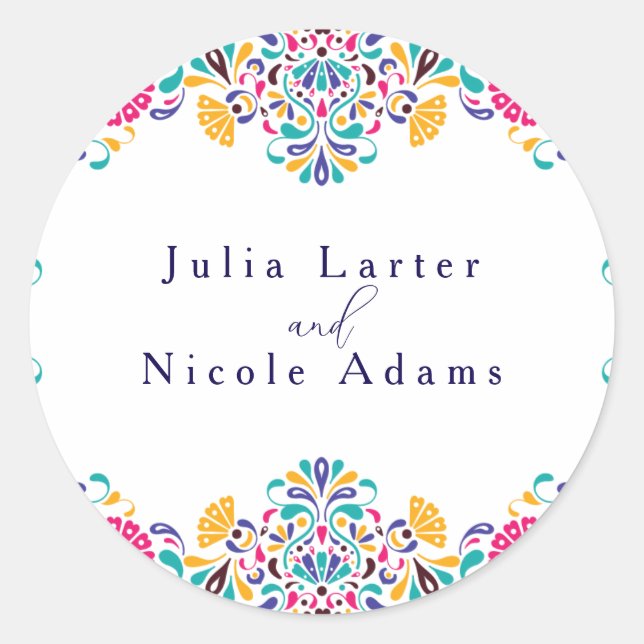 Pegatina Redonda Vibrante Boda arcoiris al estilo de la Fiesta Mexi (Anverso)