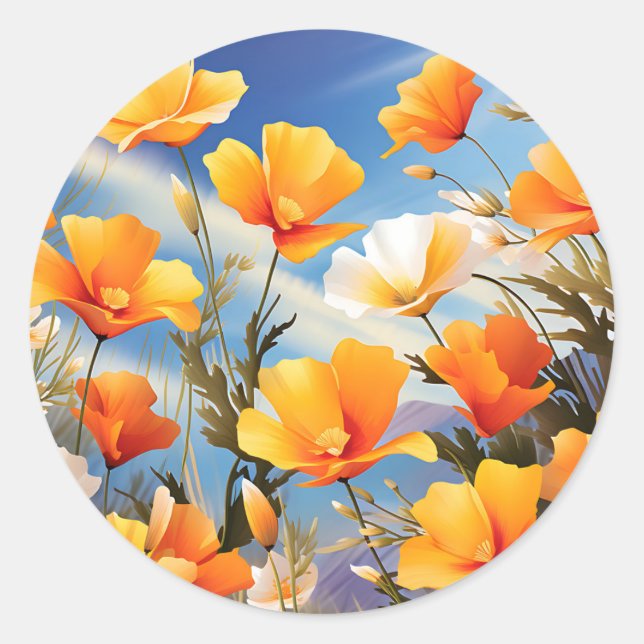 Pegatina Redonda Vibrante California Poppies Meadow (Anverso)