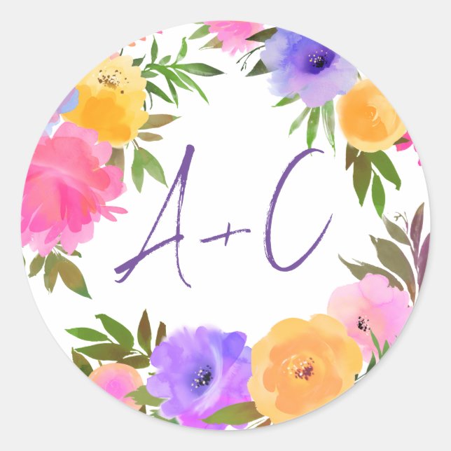 Pegatina Redonda Vibrante Casual Magenta Violeta Amarillo (Anverso)