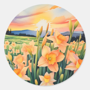 Pegatina Redonda Vibrante Daffodil Meadow