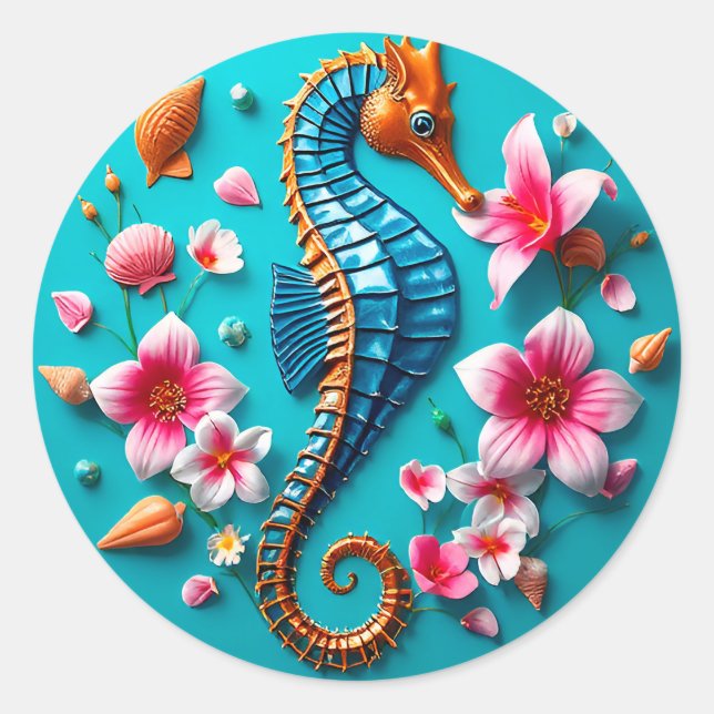 Pegatina Redonda Vibrante escena del caballito de mar y del arrecif (Anverso)