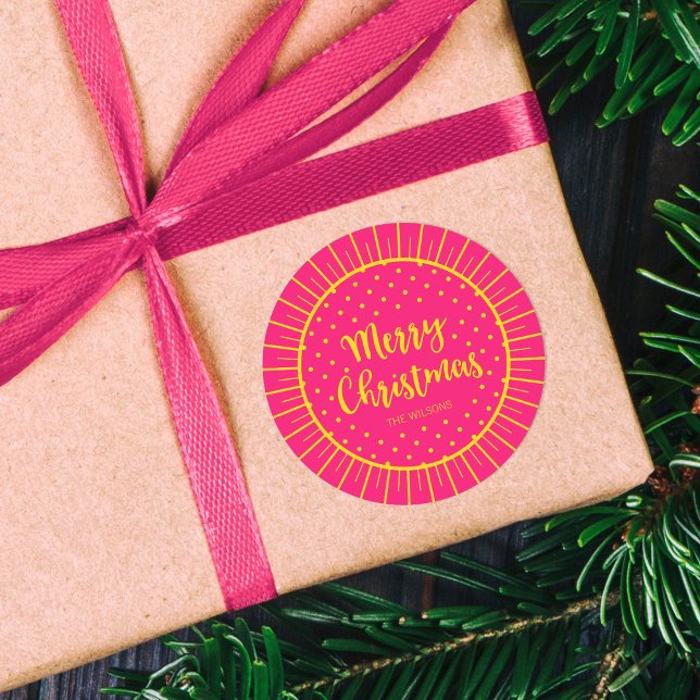 Pegatina Redonda Vibrante Guión Estelar Rosa Feliz Navidad (Subido por el creador)