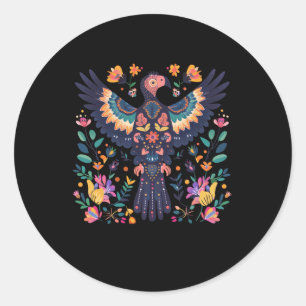 Pegatina Redonda Vibrante Ilustracion De Arte Folclórico De Un Pája
