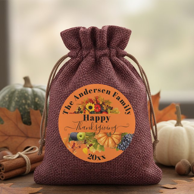 Pegatina Redonda Vibrante Naranja Fall Cornucopia Family Thankendin (Subido por el creador)