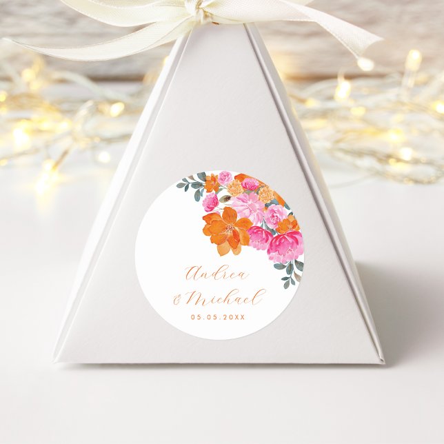 Pegatina Redonda Vibrante Naranja Rosa Floral Verano Matrimonio per (Subido por el creador)
