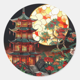 Pegatina Redonda Vibrante Pagoda Arte De Vidrio Manchado