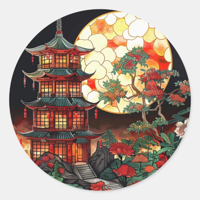 Pegatina Redonda Vibrante Pagoda Arte De Vidrio Manchado (Anverso)