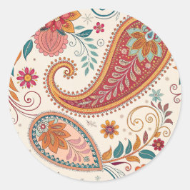 Pegatina Redonda Vibrante patrón floral blanco Paisley Boho