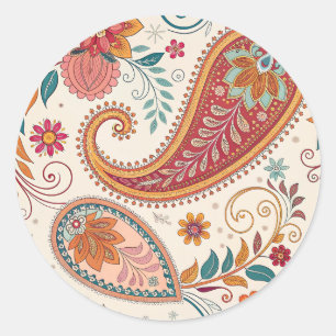 Pegatina Redonda Vibrante patrón floral blanco Paisley Boho