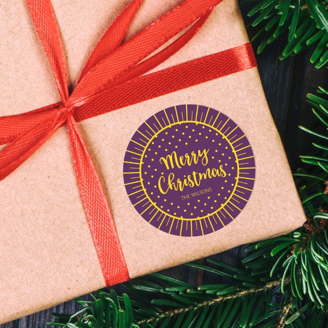 Pegatina Redonda Vibrante Purple Starburst Script Feliz Navidad (Subido por el creador)