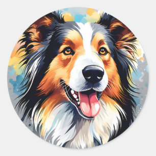 Pegatina Redonda Vibrante retrato de color de agua de perro collie