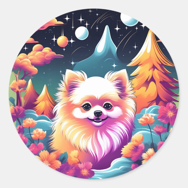 Pegatina Redonda Vibrante retrato de perro de Pomerania (Anverso)