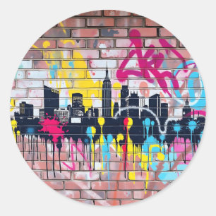 Pegatina Redonda Vibrante Skyline de la ciudad pintada con aerosol