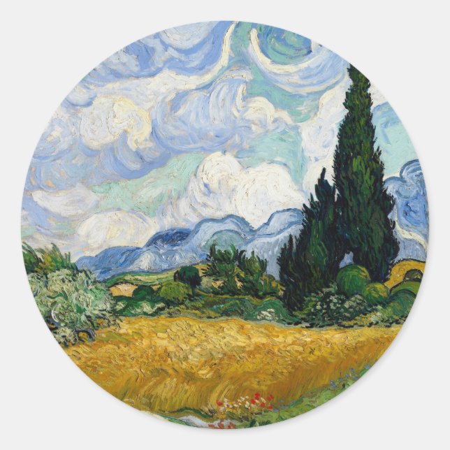 Pegatina Redonda Vicente Van Gogh Campo De Trigo Con Cipreses (Anverso)