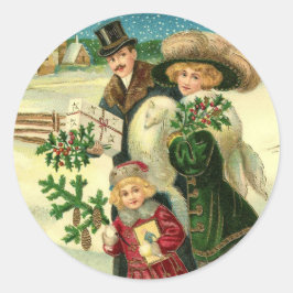 Pegatina Redonda Victorian family in the snow Christmas scene