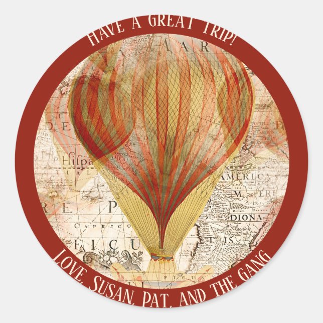 Pegatina Redonda Victorian Steampunk Hot Air Balloons Map (Anverso)