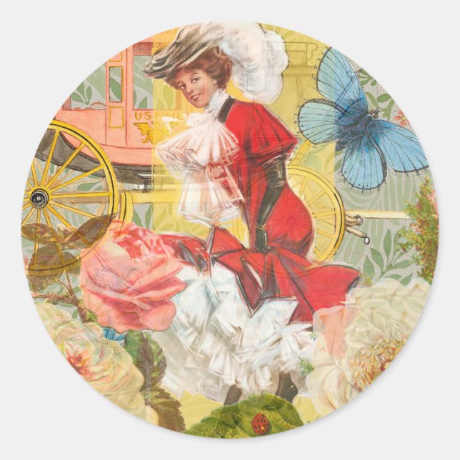 Pegatina Redonda Victoriana Lady Woman Fun Carriage (Anverso)