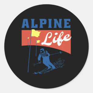 Pegatina Redonda Vida Alpina - Esquí Retro Gráfica Para El Deporte