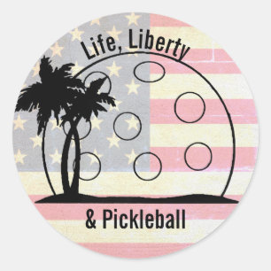 Pegatina Redonda Vida Desvanecida Libertad y Pickleball Patriótico