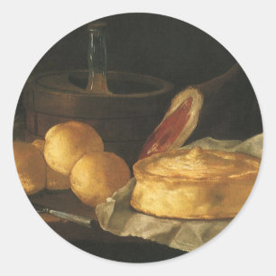 Pegatina Redonda Vida fija barroca vintage con pan, arte, jamón