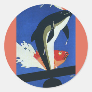 Pegatina Redonda Vida Marina Antigua, Delfín y Pez Dorado