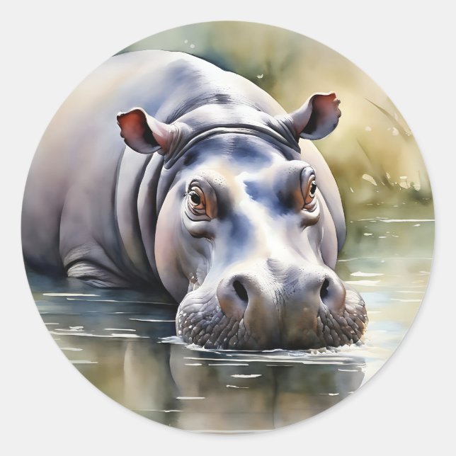 Pegatina Redonda Vida silvestre Serenity Watercolor Hippo (Anverso)