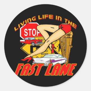 Pegatina Redonda Vida viva del vintage en el carril rápido
