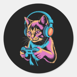 Pegatina Redonda Vídeo divertido de gato jugando videojuegos Gato j