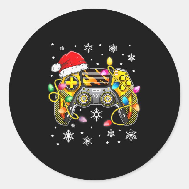 Pegatina Redonda Video Game Controller Christmas Santa Hat Gamer Bo (Anverso)